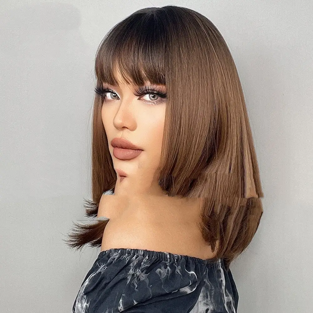 18inch Full Bangs With Black Gradient Brown Long Straight Hair On Top