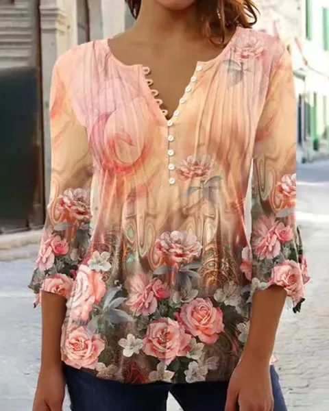 Women's Floral Printed V neck Short Sleeve Button T shirt Orange - Shop at LoveMi