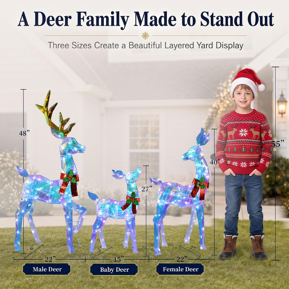 48 INCH  3 Piece 2.5D Colorful Lighted Christmas Deer Family Outdoor Decorations, Clear-Look Reindeer Set With 145 Lights, Gold Antlers, Stakes And Zip Ties For Yard Lawn Porch Garden Holiday Decor 2