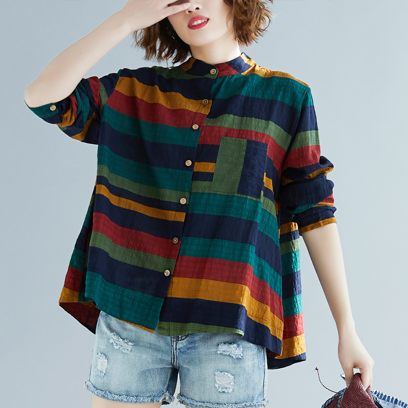 Ethnic Striped Stand-up Collar Cotton And Linen Long-sleeved Shirt