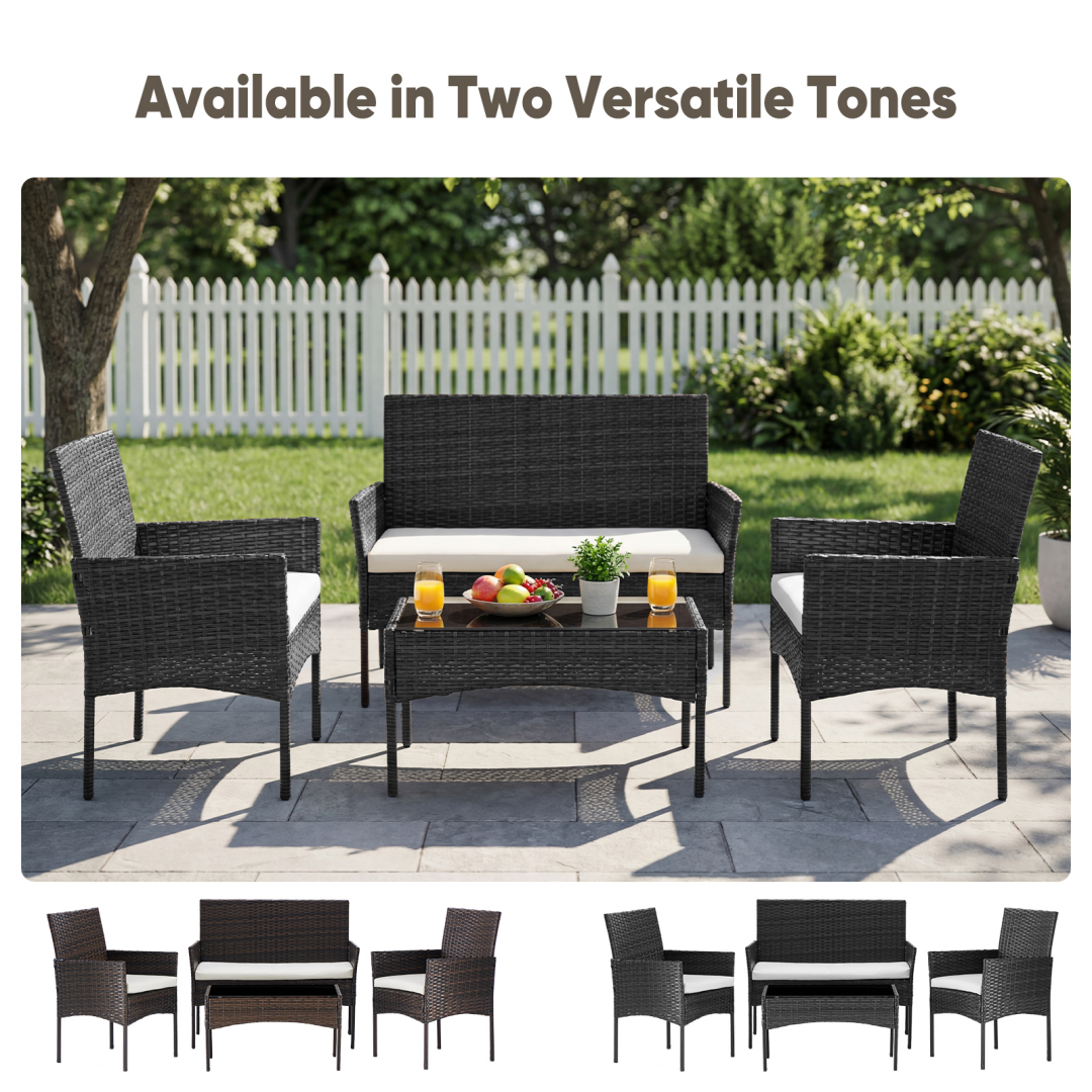 Four-piece Garden Furniture Set, Equipped With Detachable Cushions And Tempered Glass Coffee Table