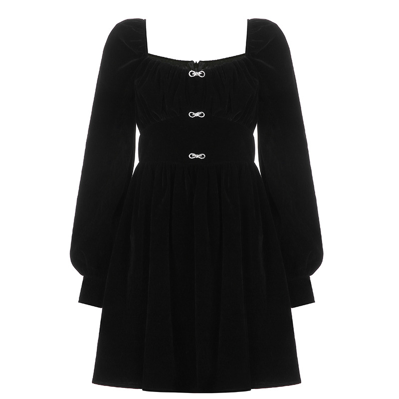 Women's Temperament Square Collar Exposed Collarbone Waist Slim A-line Evening Dress