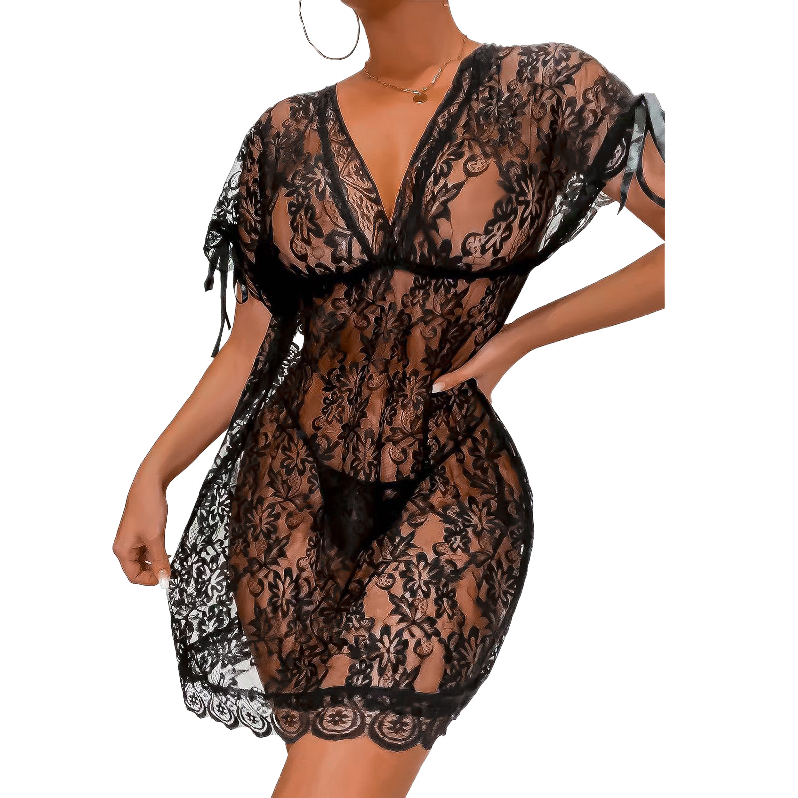 طقم ملابس داخلية أسود بشبكة دانتيل بنمط الكرز الأخضر الشفاف