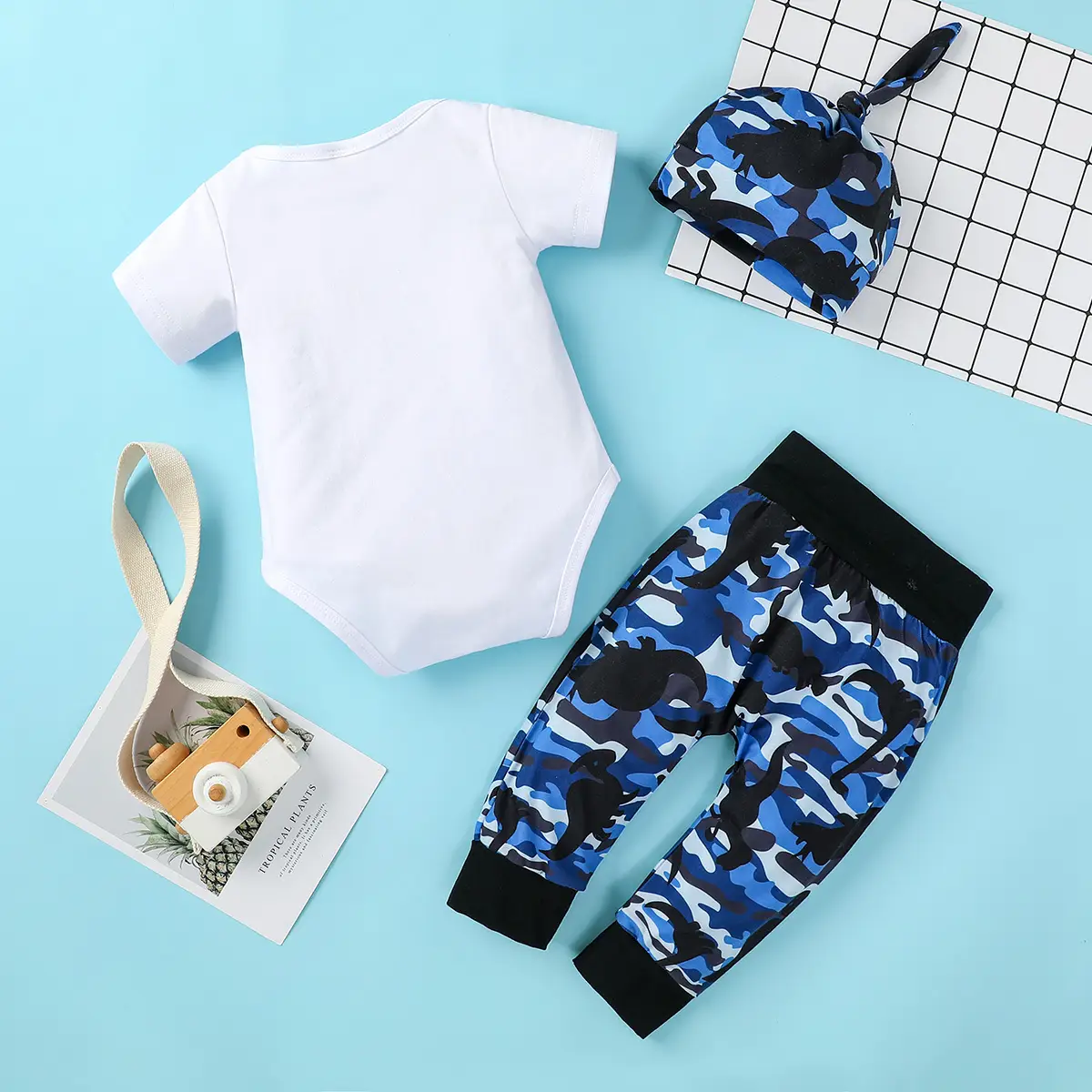 Baby Summer Short-sleeved Romper Camouflage Trousers Hat Set