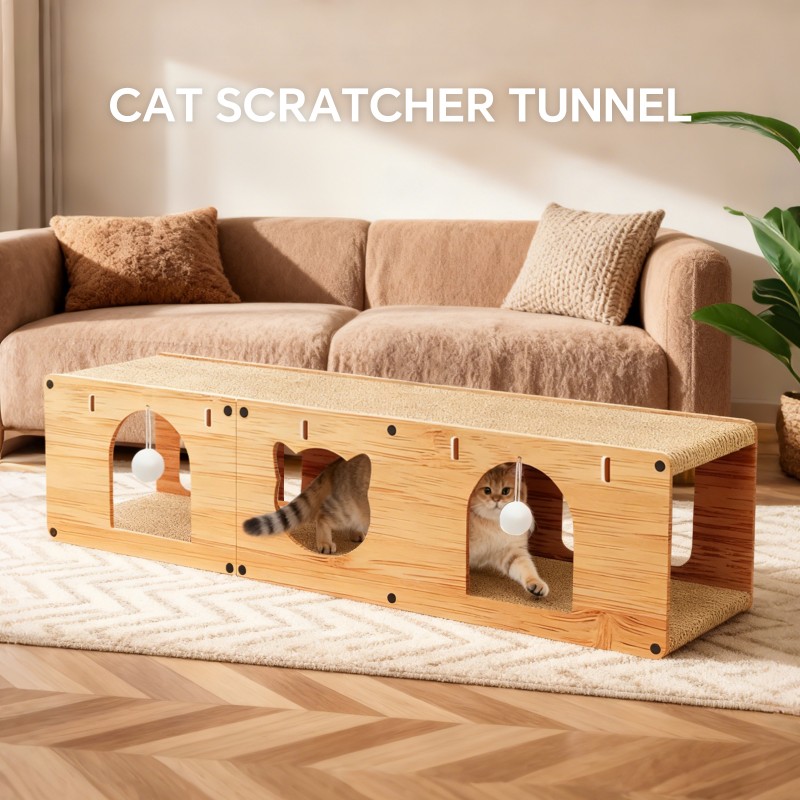 Multi-Functional Cat Tunnel Scratcher, Wood - Corrugated Scratcher, With 2 Teaser Balls, For Cats