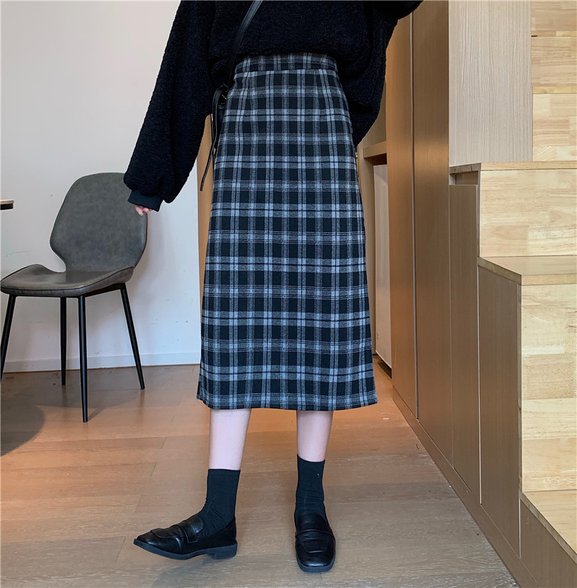 High Waist Retro Slim Mid-length Skirt Woolen Plaid