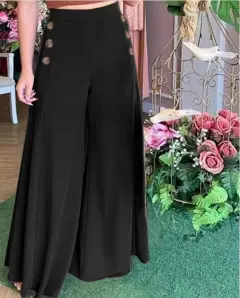Fashion New Women's Button Elastic High-waist Wide-leg Pants - Black - View 1