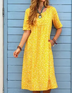 Pocket Short Sleeve Casual Midi Shirt Dress - Yellow - View 1