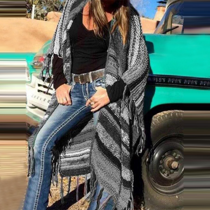 Mid-length Printed Cardigan Shawl Fringed Sweater