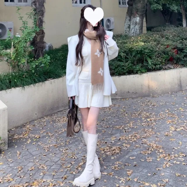 Long Sleeve Pure Knitting Dress Short White - Shop at LoveMi