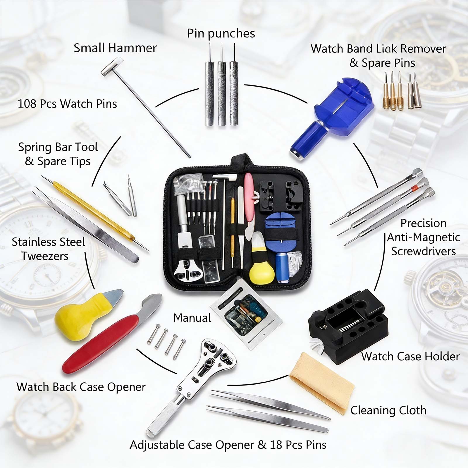 147PCS Watch Repair Tool Kit Back Case Opener Remover Spring Pin Bars Watchmaker 6