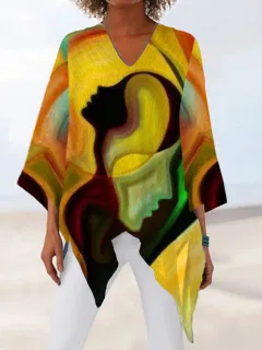 Abstract Printed Casual Women's T-shirt - Yellow - View 1