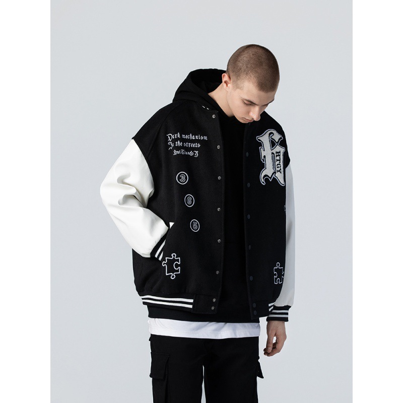 Street Hip Hop Leather Sleeve Woolen Baseball Uniform Embroidered Jacket