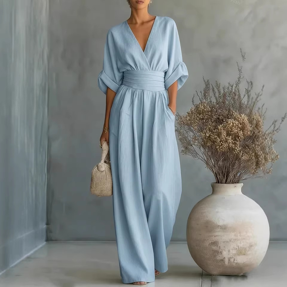 Elegant Deep V Neck Waist Wrap Sleeve Wide Leg Floor Length Jumpsuit