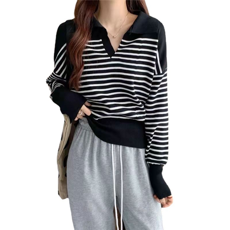 Title 5, Striped Short Long-sleeved Sweater Lapel Cover