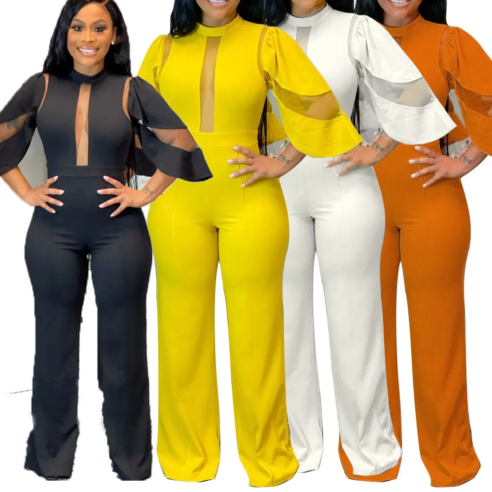 Classic Solid Color Slant Collar Buttoned One-piece Wide-leg Pants