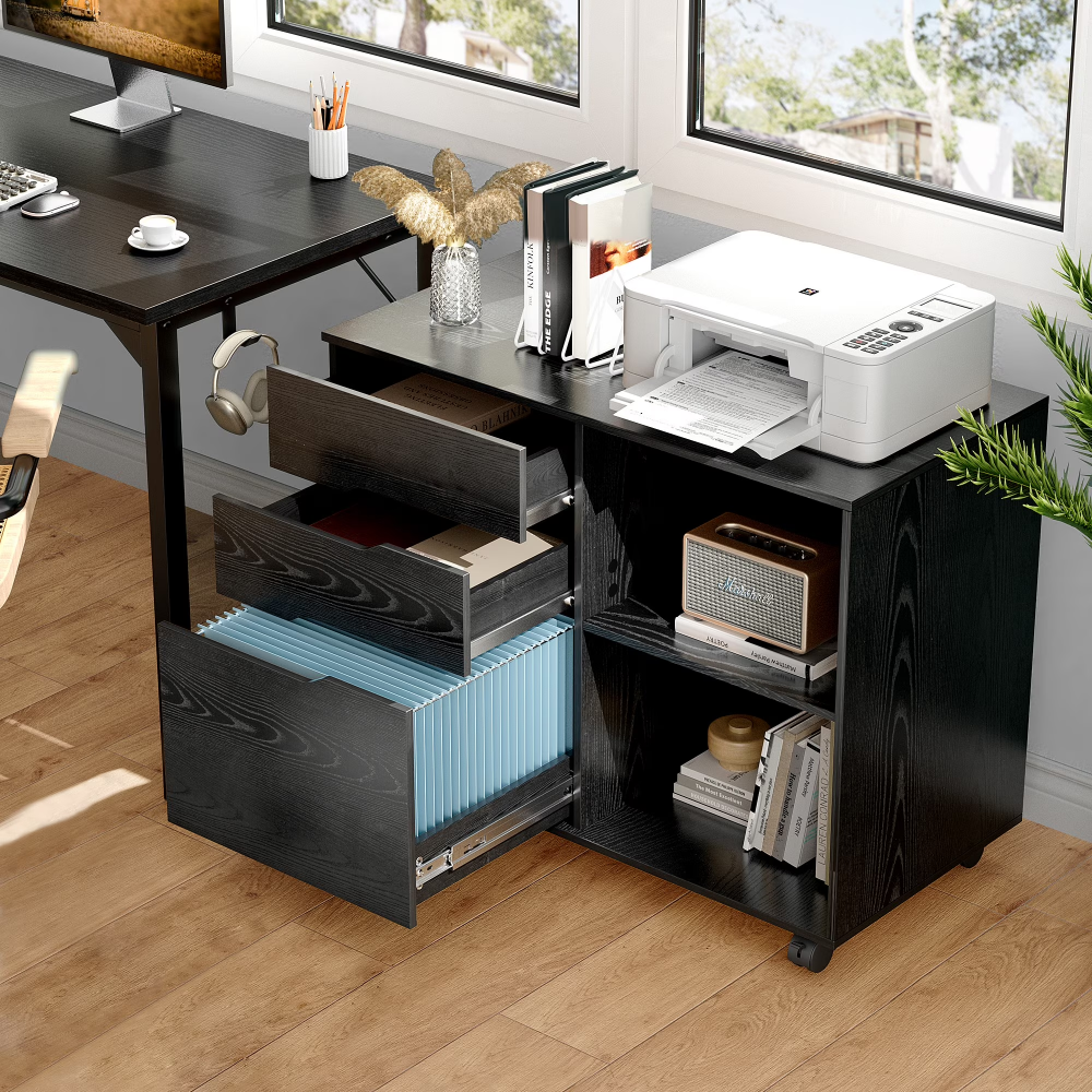 3-Drawer File Cabinet With Wheels, Rolling Wood Printer Stand With Open Storage Shelves For Home Office, Black