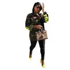 Casual Button Denim Camouflage Long Sleeve Letter Jacket Women's - Green - View 1