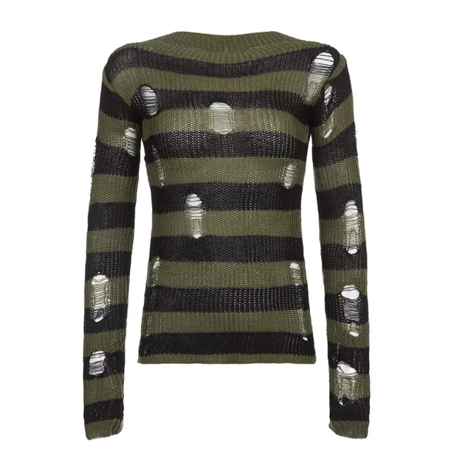 European And American Street Girls' Striped Woven Torn Coat Of Qiusen Department Green - Shop at LoveMi