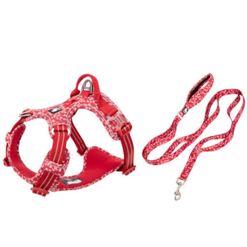 Pet Dog Leash Set Vest Type Chest Harness - Floral Red