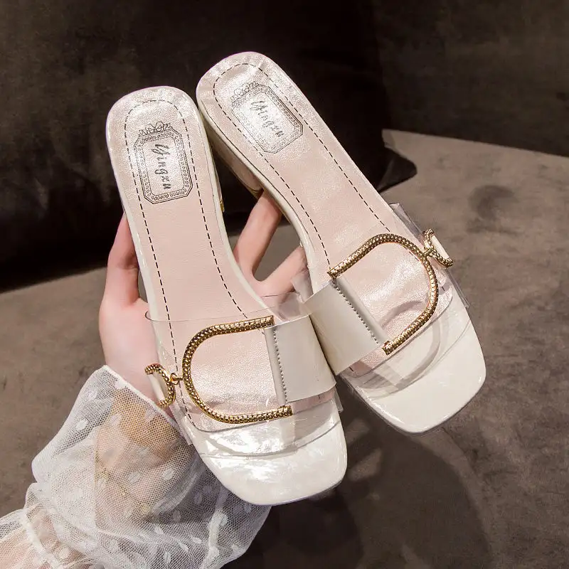 Thick High Heel Slippers With Metal Buckle For Women