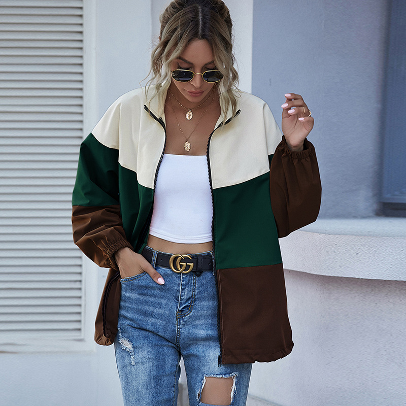 Stitching Female Jacket Personality Trend Casual Hit Color Windbreaker Green - Shop at LoveMi