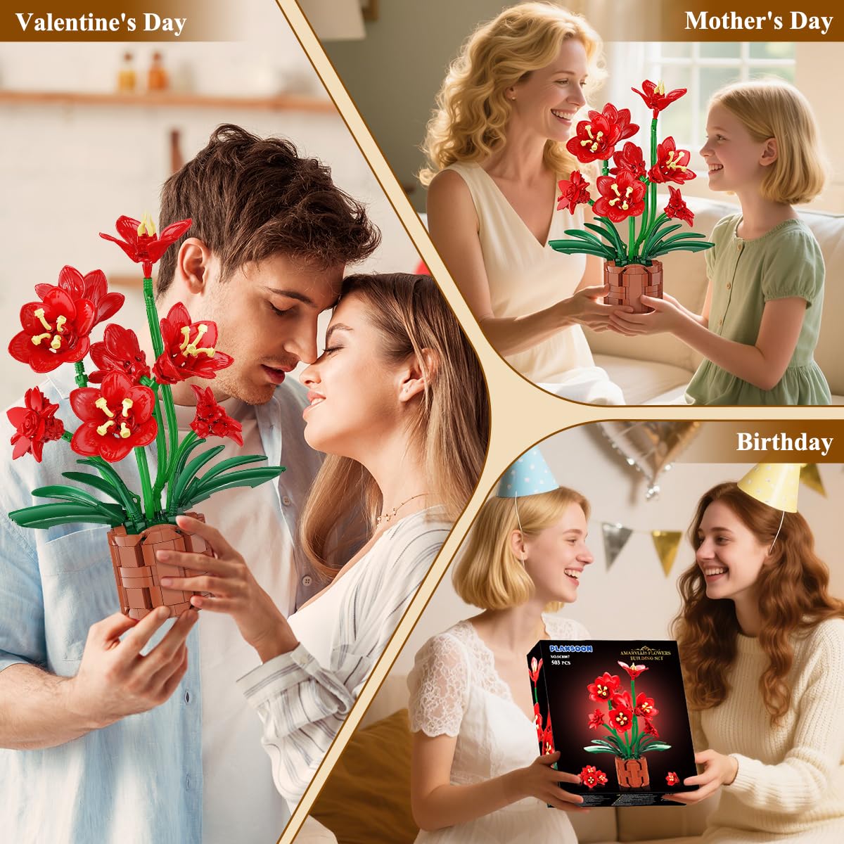 Amaryllis Flowers Bonsai Building Set, Easter Botanical Building Block, Artificial Plant Kit Home Decor, 503 PCS Flower Bouquet Bonsai For Her Adults Kids Boys Girls