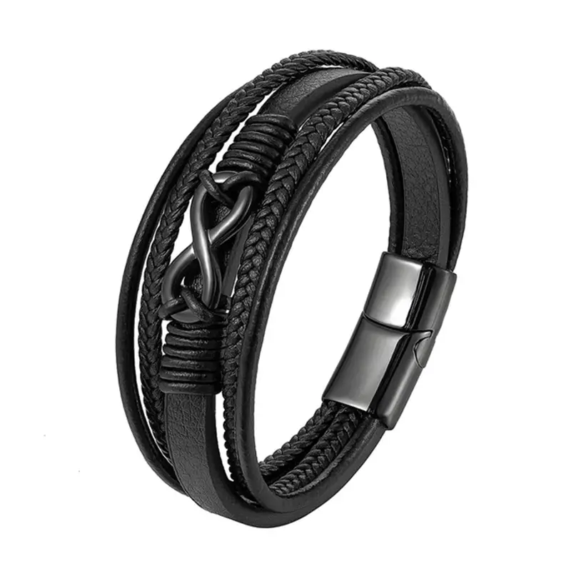 Multi-layer Braided Leather Figure 8 Stainless Steel Magnetic Buckle Bracelet
