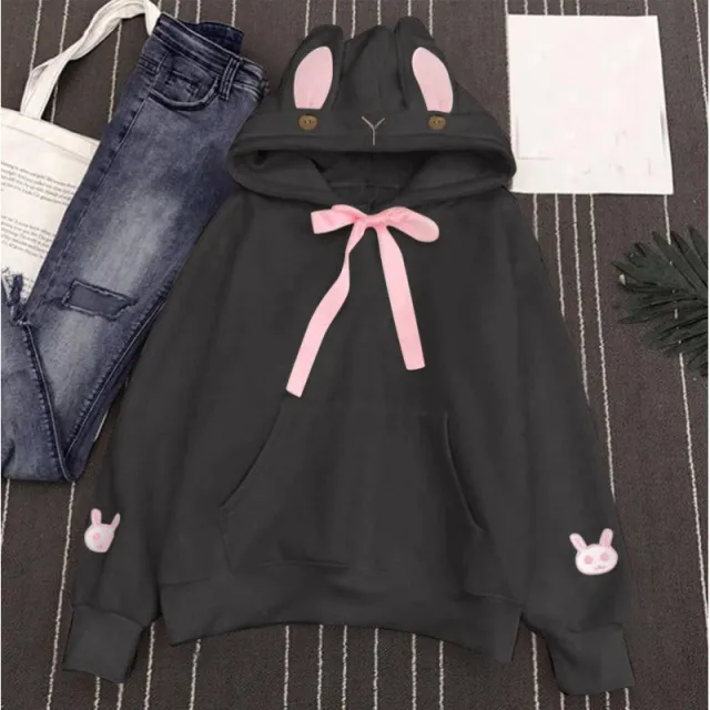 Women's Autumn And Winter Embroidered Cute Rabbit Ear Pocket Hoodie Dark Grey - Shop at LoveMi
