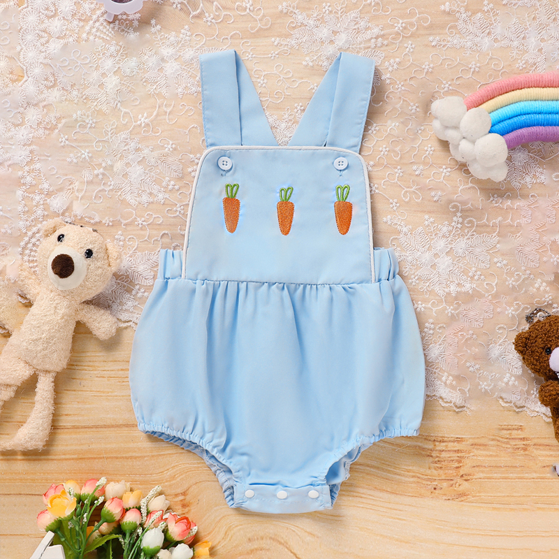 Baby Comfortable Overalls Romper Carrot Embroidery With Adjustable Straps And Snap Closure For Spring Summer