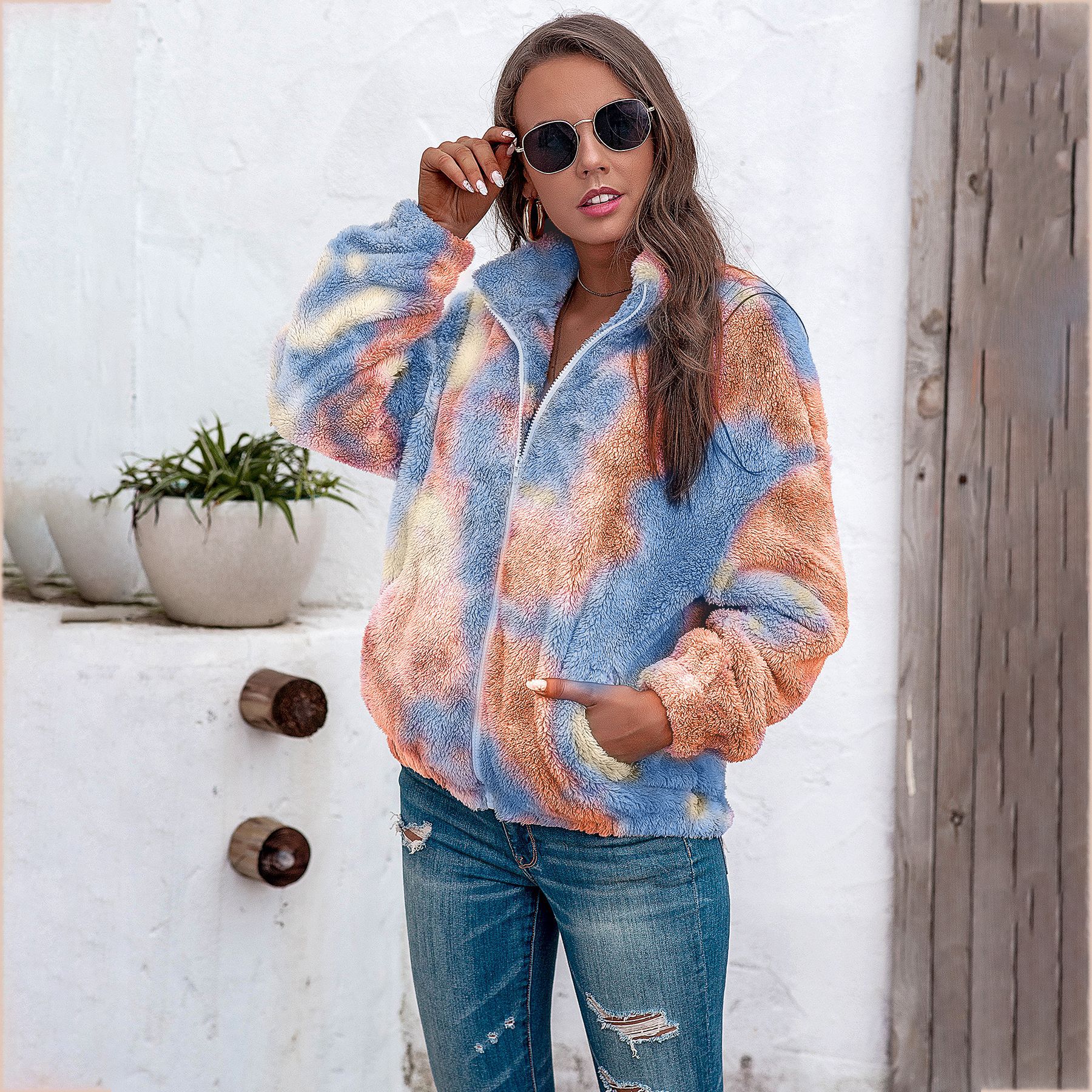 Title 6, Ladies tie-dye plush coat with zipper top