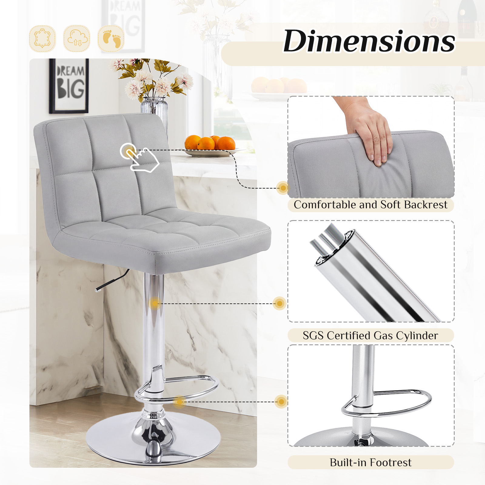 Bar Stools Set Of 2, Counter Height Barstools,Square Seat Cushion Barstool With Back, Height Adjustable PU Leather Swivel Barstool image 4