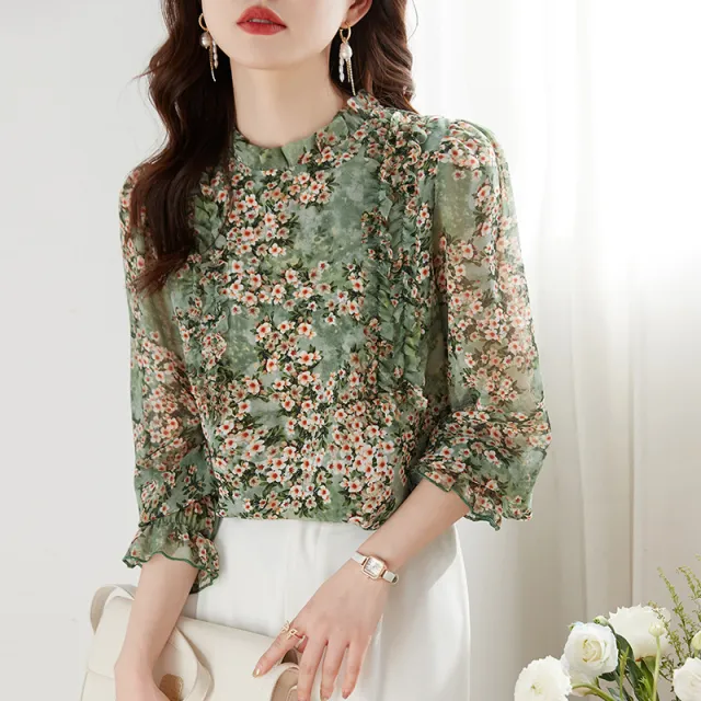 Women's Long Sleeved New Chiffon Printed Top Westernized Small Shirt Image Color - Shop at LoveMi