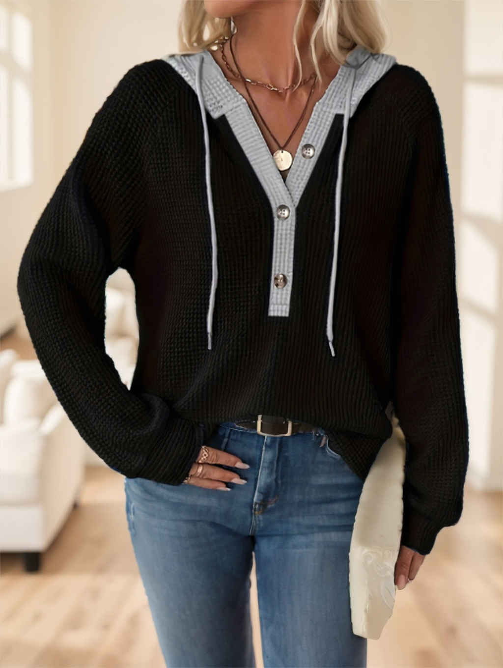 Color Block Button Front Drawstring Hoodie