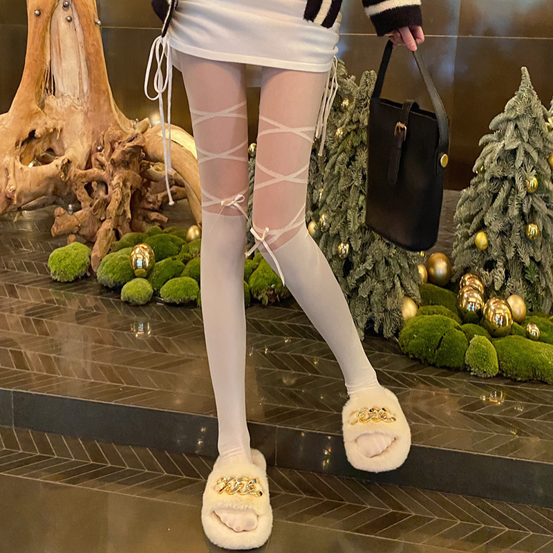 Anti-snag Sheer White Fake Thigh Highs with Lace-Up Bow