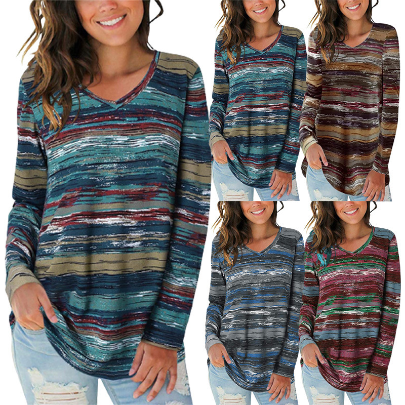 Digital Printing V-neck Long Sleeve Top T-shirt