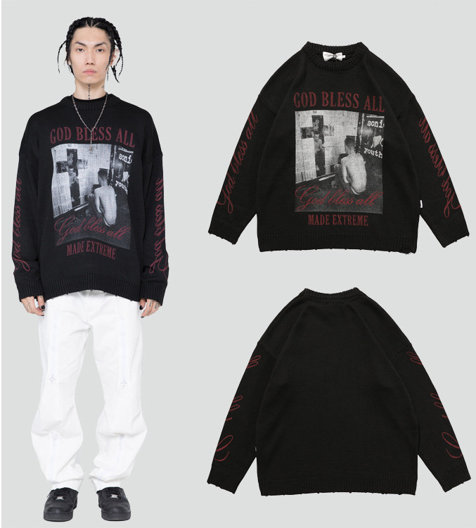 Portrait Print Sweater Retro Punk Lazy