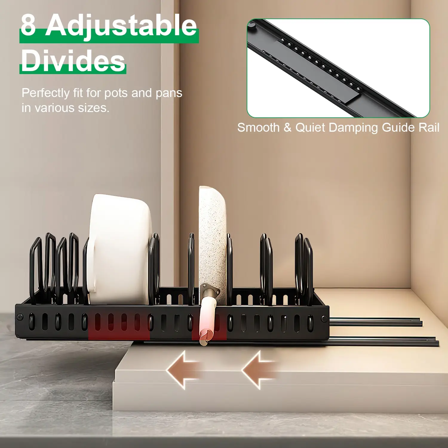 1Pc Pull Out Pots And Pans Organizer Under Cabinet With 8 Adjustable Dividers Rustproof Carbon Steel Sliding Pots Holder For Kitchen Cookware Bakeware Pots Lids