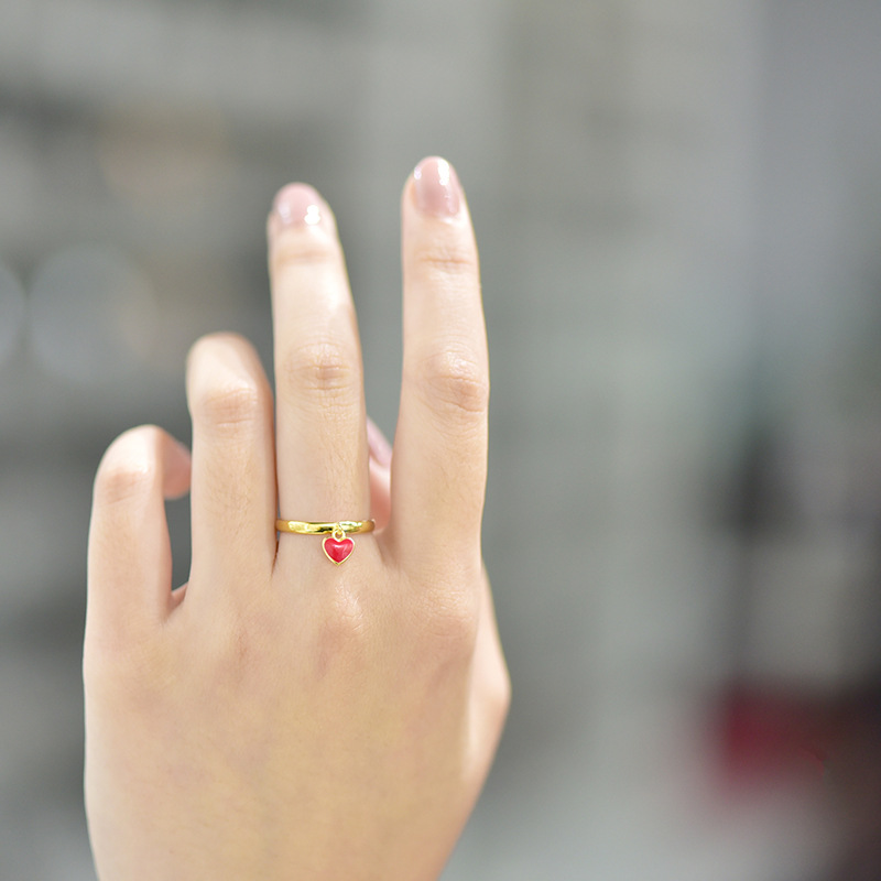 S925 Sterling Silver Gold Small Red Heart Pendant Ring