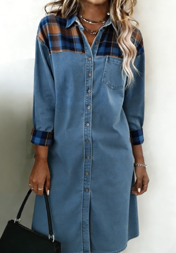 Retro-style Collared Women's Long-sleeved Midi Shirt Dress