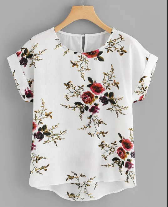 Paris Beads Round Neck Print Floral Short sleeved Top White - Shop at LoveMi