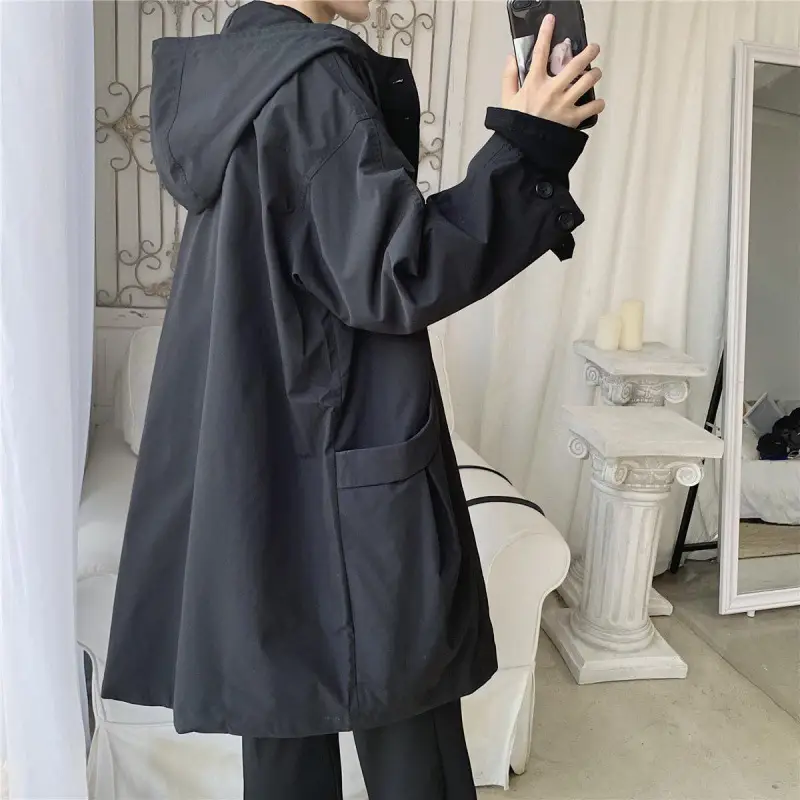 Hong Kong Style Casual Windbreaker Men's Mid-length Hooded Jacket