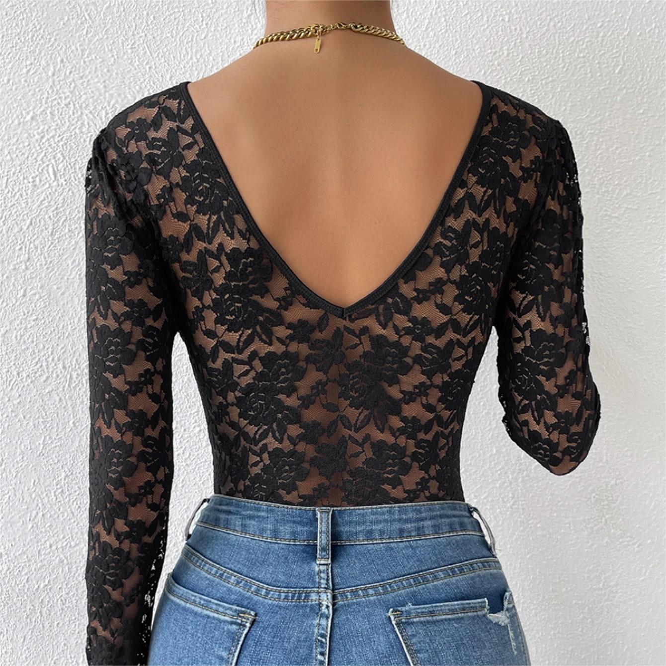 Title 4, Solid Color Lace Long Sleeve Hot Girl See-throu...