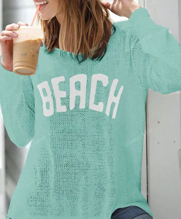 Women Casual Fashion Long Sleeve Letter Loose Knit Pullover Sweater Green - Shop at LoveMi