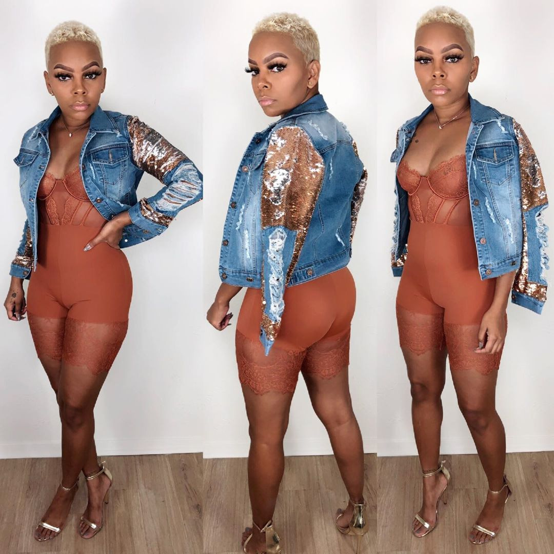 Women's Ripped Sequin Washed Denim Jacket