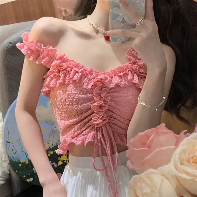 Solid Color Pleated Lace Drawcord Waistcoat Suspender For Women Pink - Shop at LoveMi