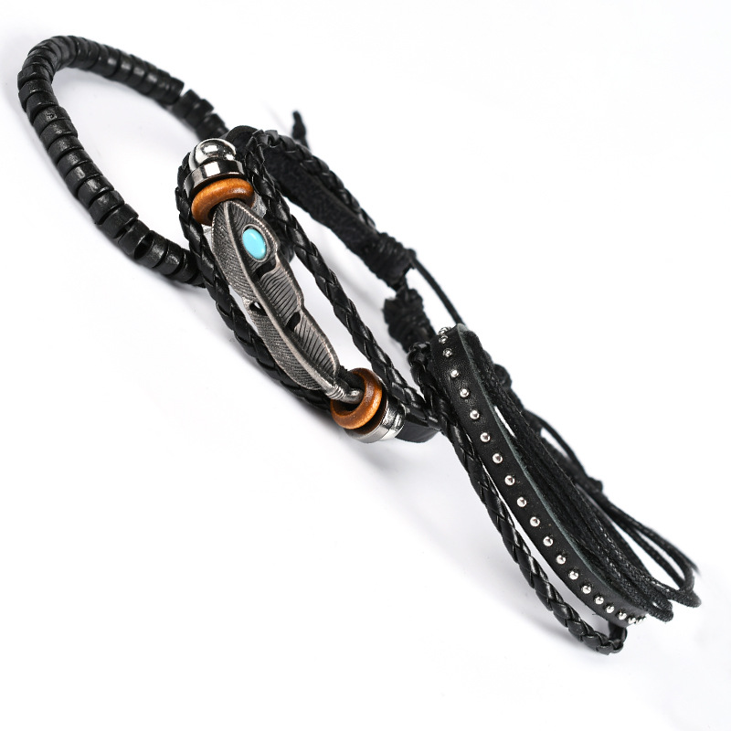 Men's Leaf Wooden Bead Woven Leather Adjustable Set Bracelet