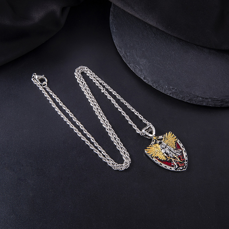 Christian Angel Michael Shield Pendant Necklace Men Vintage Cross Winged Knight Necklaces Religious Amulet Jewelry