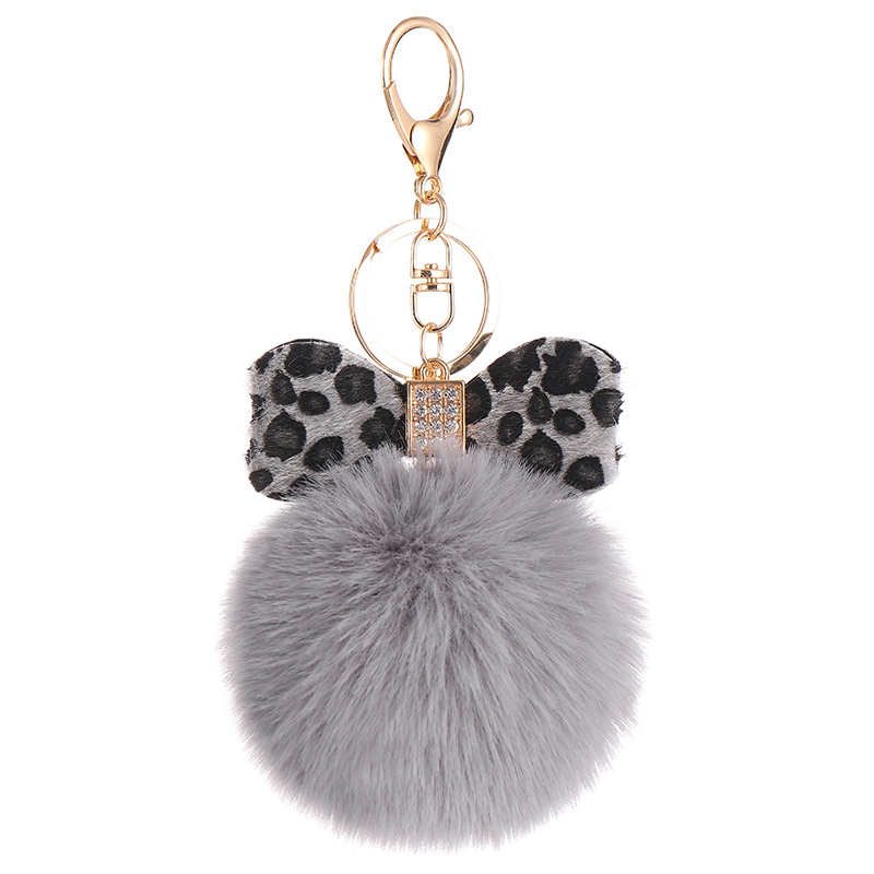 Leopard Bow Fur-Ball Schoolbag Pendant Key Chain – White