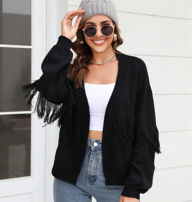 Women's Short Knitted Cardigan Tassel Sweater Top Black - Shop at LoveMi